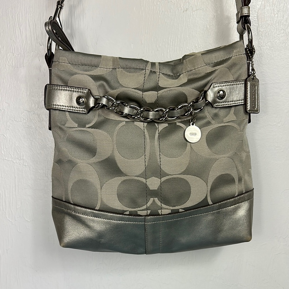 Coach Silver Canvas/Leather Signature Crossbody Bag Chain Handbag
